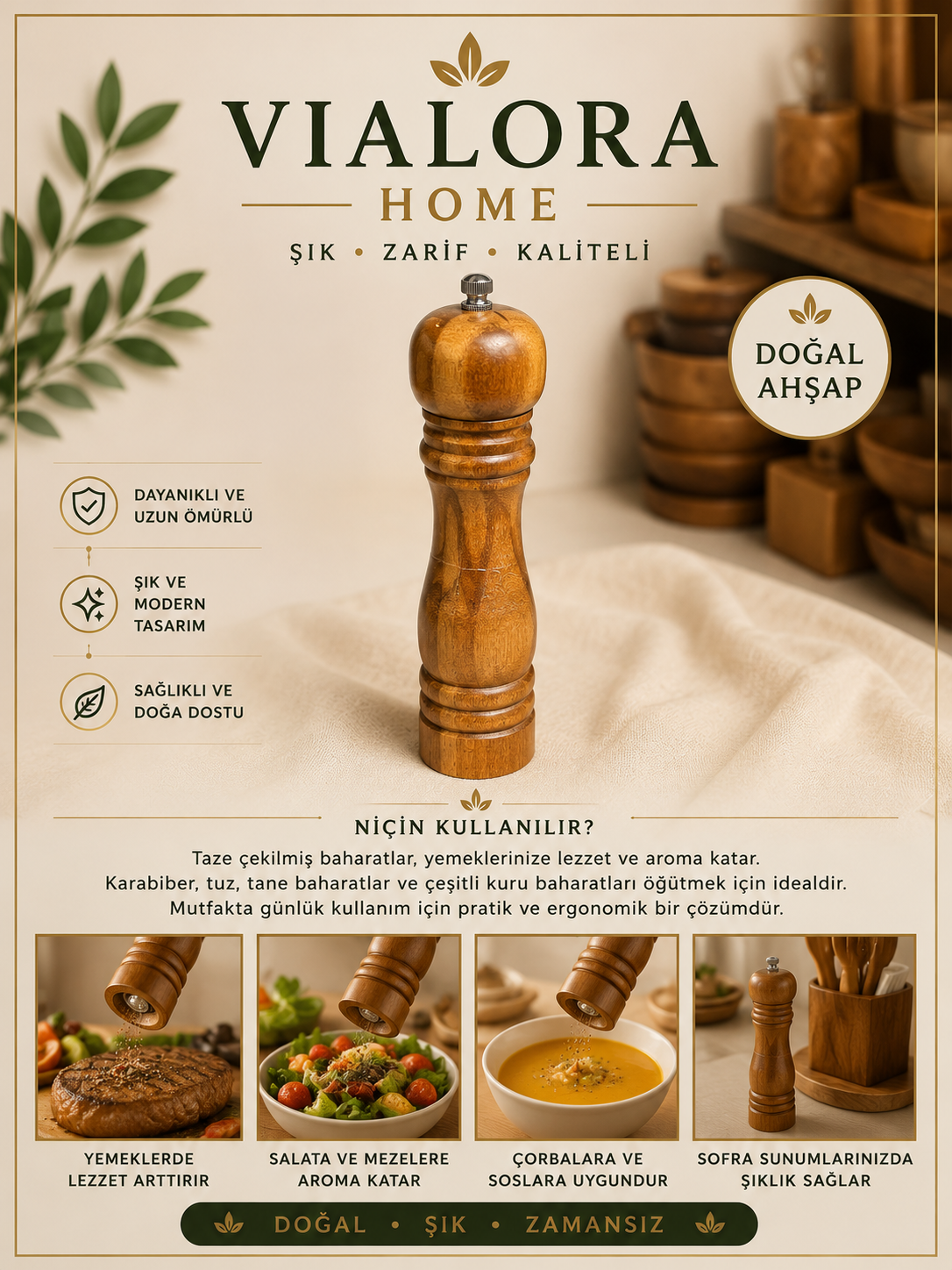 Vialora Home Ahşap Tuz & Karabiber Değirmeni | Öğütme Mekanizmalı Baharat Öğütücü