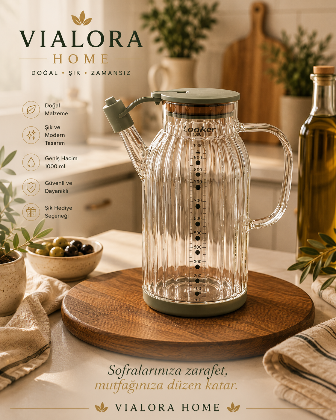 ✨ 1000 ml Çizgili Cam Yağdanlık | Modern Borosilikat Yağlık | VIALORA HOME
