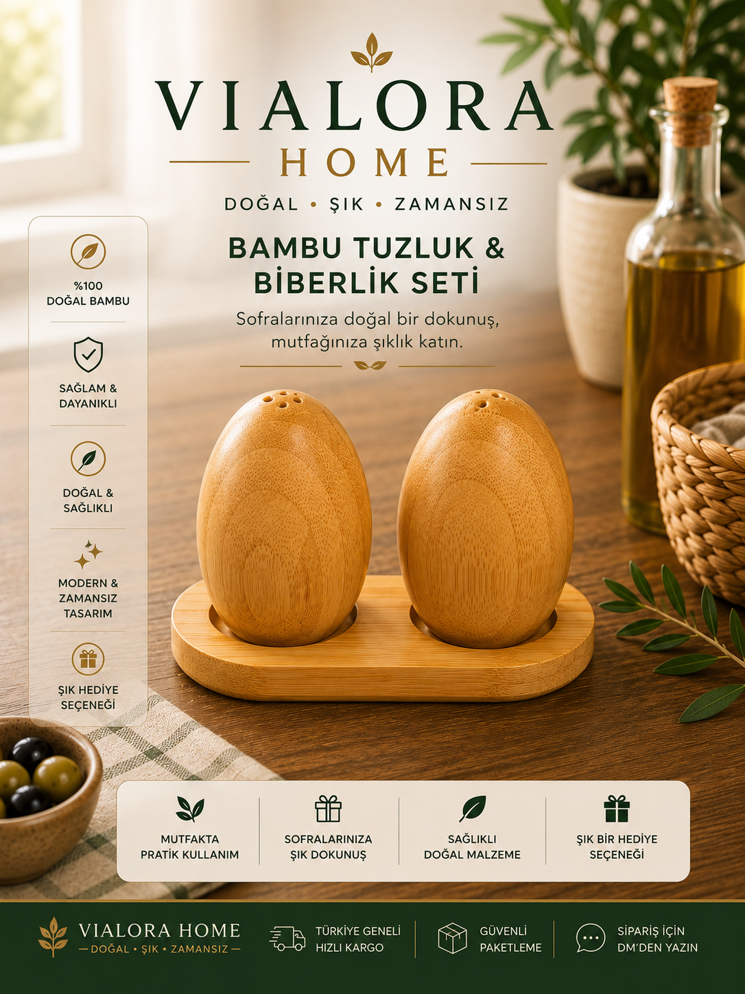 Vialora Home Bambu Tuzluk & Biberlik Seti | Ahşap Standlı