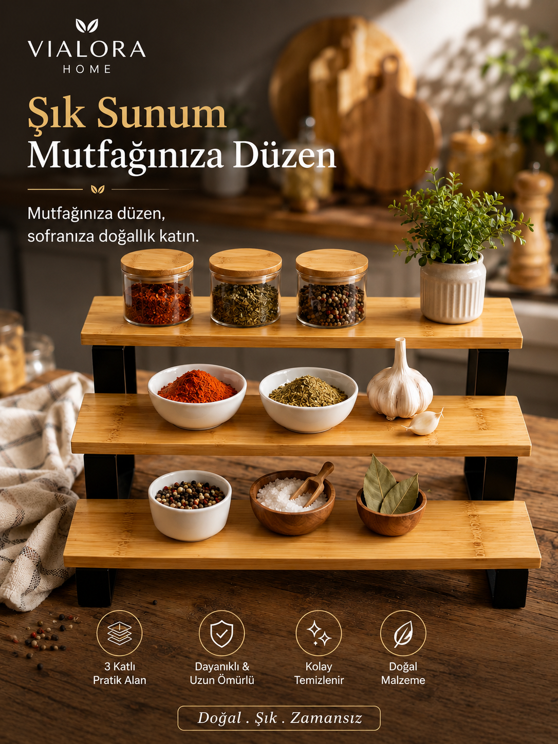 Vialora Home 3 Katlı Bambu Baharat ve Düzenleyici Raf – Doğal & Şık Mutfak Organizeri