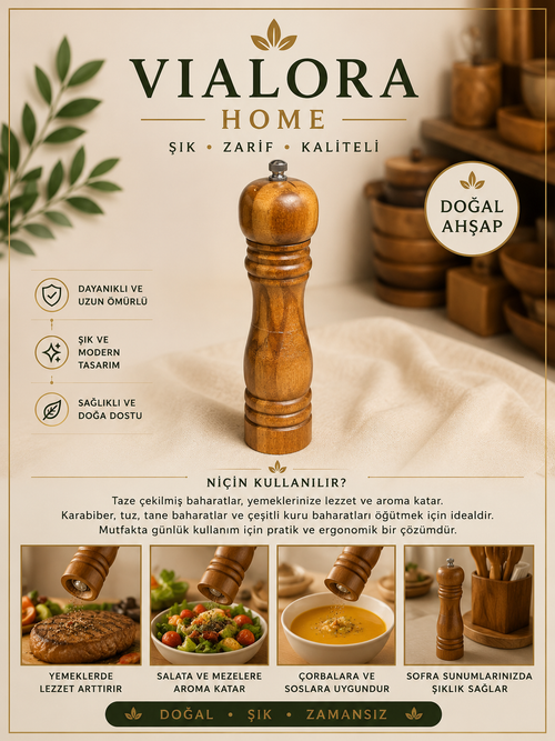 Vialora Home Ahşap Tuz & Karabiber Değirmeni | Öğütme Mekanizmalı Baharat Öğütücü