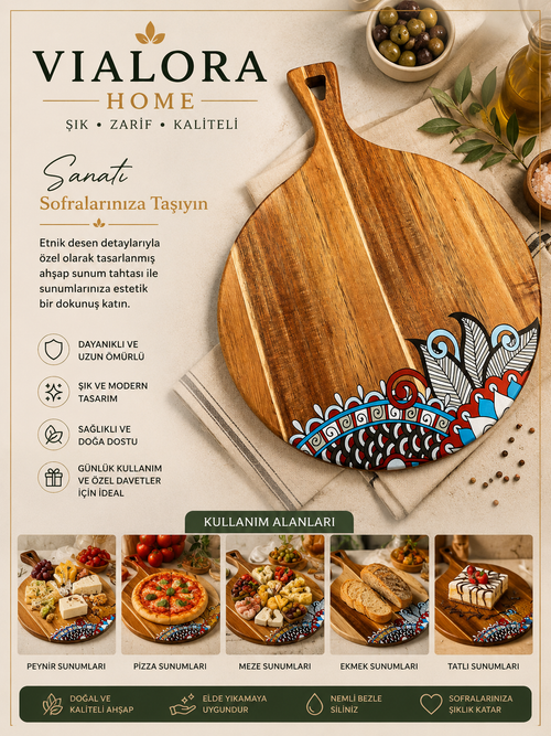 Vialora Home Dekoratif Ahşap Desenli Sunum Tahtası | Yuvarlak Servisi Tahtası