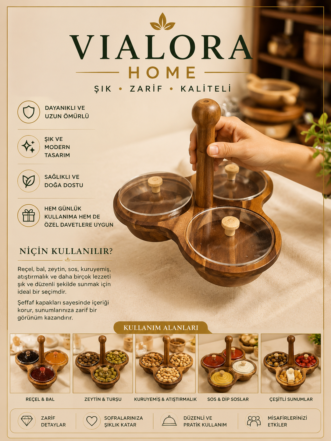 Vialora Home 3 Bölmeli Ahşap Sunumluk | Kapaklı Kahvaltılık, Reçellik, Zeytinlik ve Kuruyemişlik