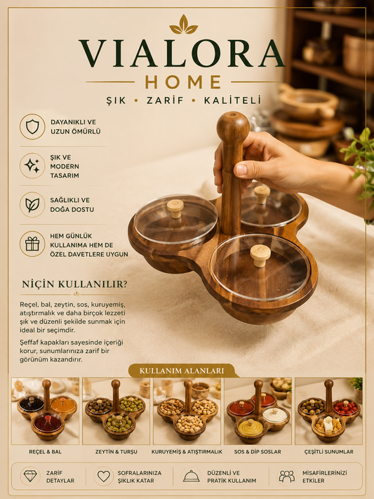 Vialora Home 3 Bölmeli Ahşap Sunumluk | Kapaklı Kahvaltılık, Reçellik, Zeytinlik ve Kuruyemişlik