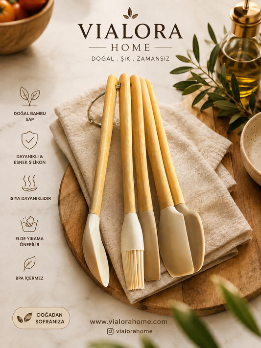 Vialora Home 5 Parça Mini Bambu Saplı Silikon Mutfak Gereçleri Seti | Spatula, Fırça ve Kazıyıcı Seti