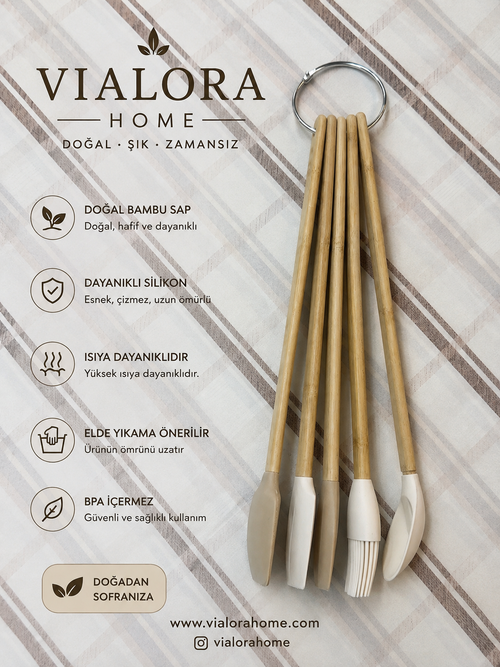 Vialora Home 5 Parça Mini Uzun Bambu Saplı Silikon Mutfak Gereçleri Seti | Spatula, Fırça ve Hamur Kazıyıcı