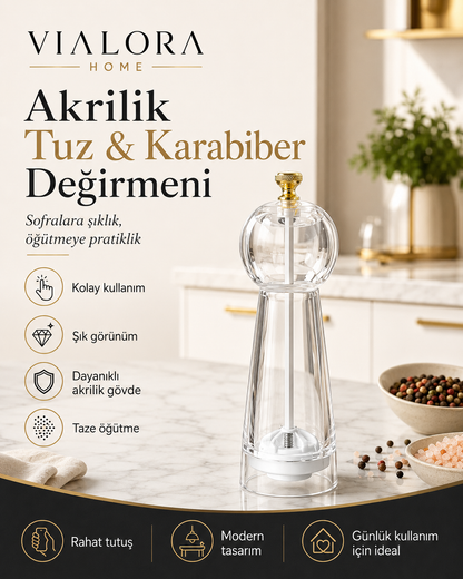 Vialora Home Akrilik Tuz ve Karabiber Değirmeni – Şeffaf Öğütücü