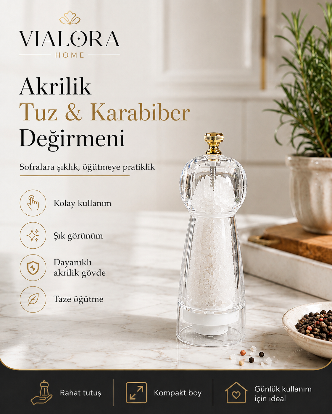 Vialora Home Akrilik Tuz & Karabiber Değirmeni – Şeffaf Öğütücü