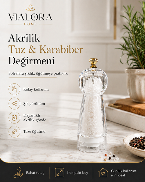 Vialora Home Akrilik Tuz & Karabiber Değirmeni – Şeffaf Öğütücü